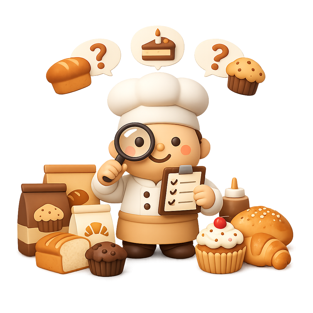 Dough Pro bakery support illustration showing a baker reviewing bread, cake and muffin premix options
