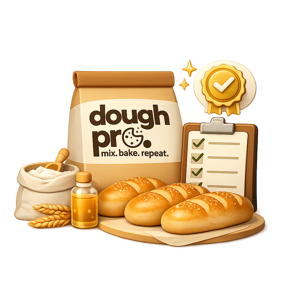 Dough Pro bread premix illustration showing branded premix bag, fresh bread rolls and quality assurance