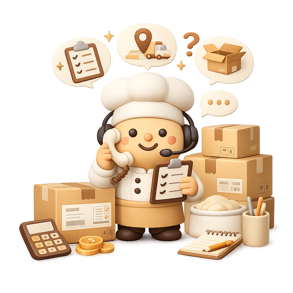 Dough Pro order support illustration showing delivery, stock and bakery product enquiry assistance