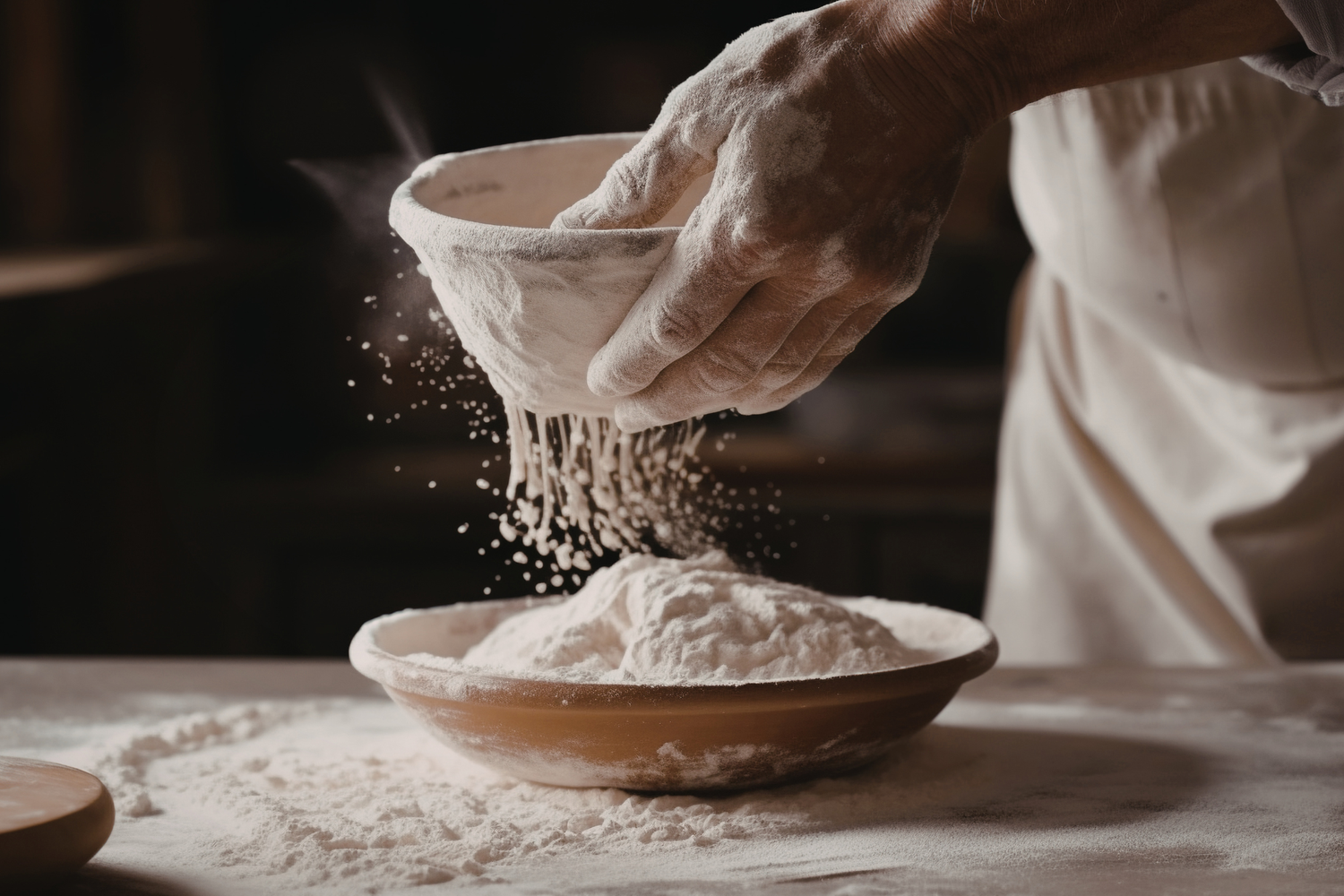 Hands sifting flour in a bakery preparation scene for Dough Pro premium baking solutions