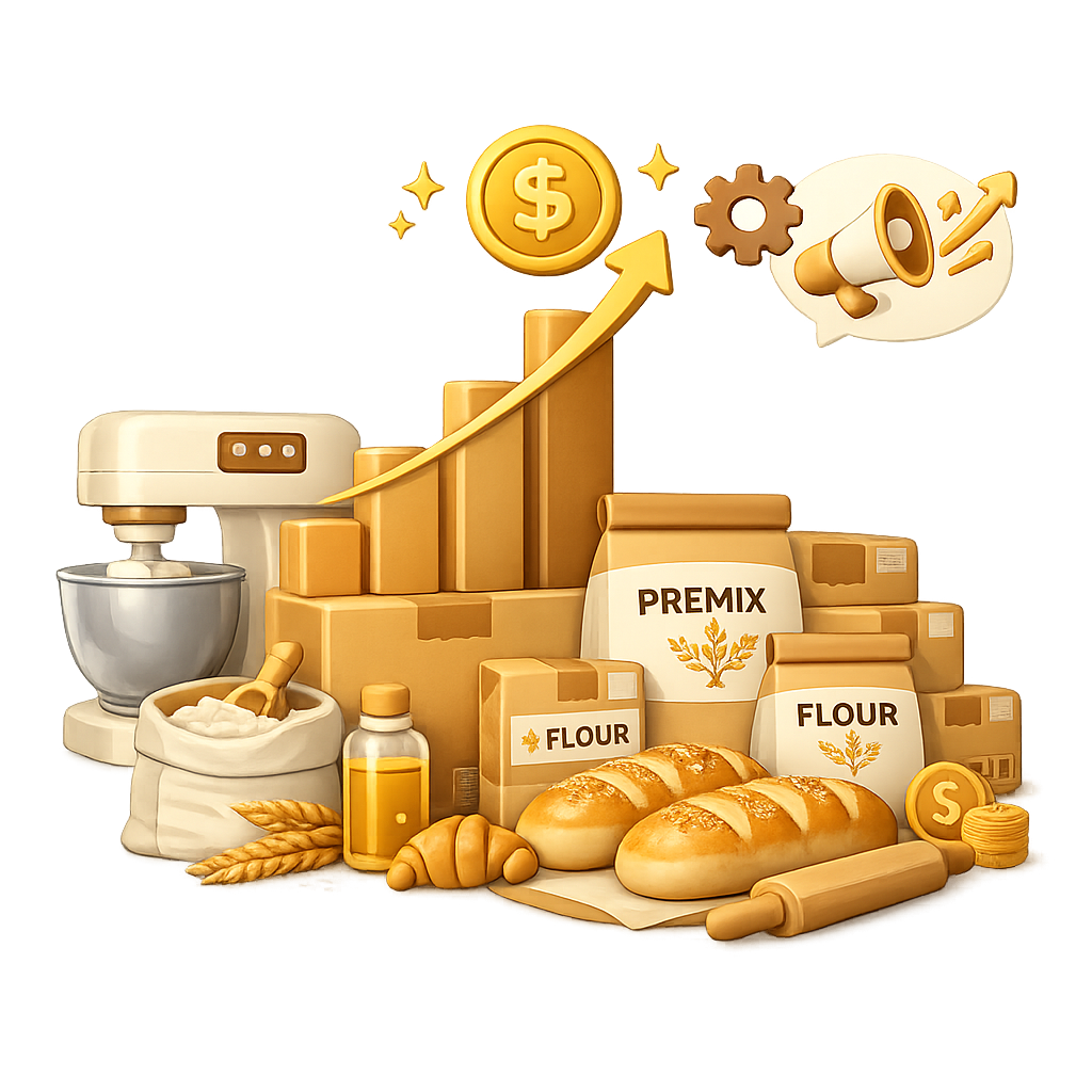 Dough Pro wholesale bakery illustration showing premix supply, bread production and scalable business growth